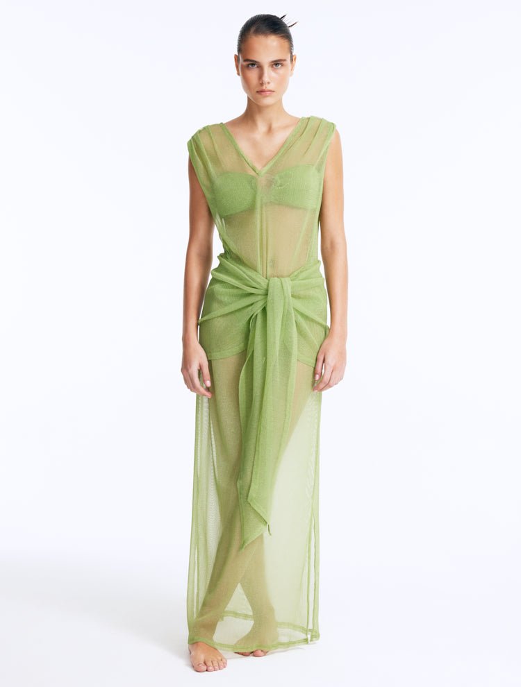 Front View: Model in Aster Green Dress - Maxi Dress, Sleeveless, V-Neckline, Sheer Soft Fabric, Tie Front Detail, MOEVA Luxury Beachwear