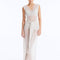 Front View: Model in Aster Silver Dress - Maxi Dress, Sleeveless, V-Neckline, Sheer Soft Fabric, Tie Front Detail, MOEVA Luxury Beachwear