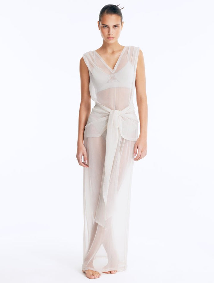 Aster Silver Sheer V-Neck Maxi Dress With Tie-Front -Beachwear Dresses Moeva