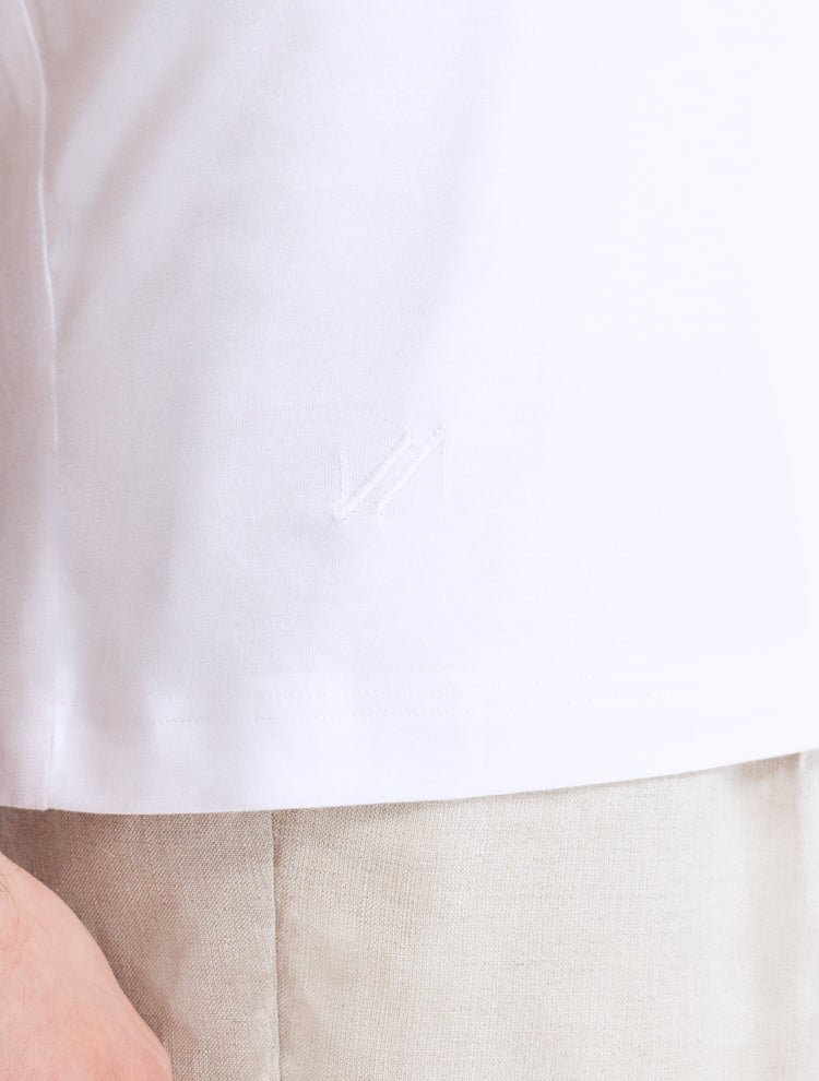 Close-Up of Atlas White T-Shirt - Men's White Cotton Tee, Unlined, MOEVA Luxury Swimwear