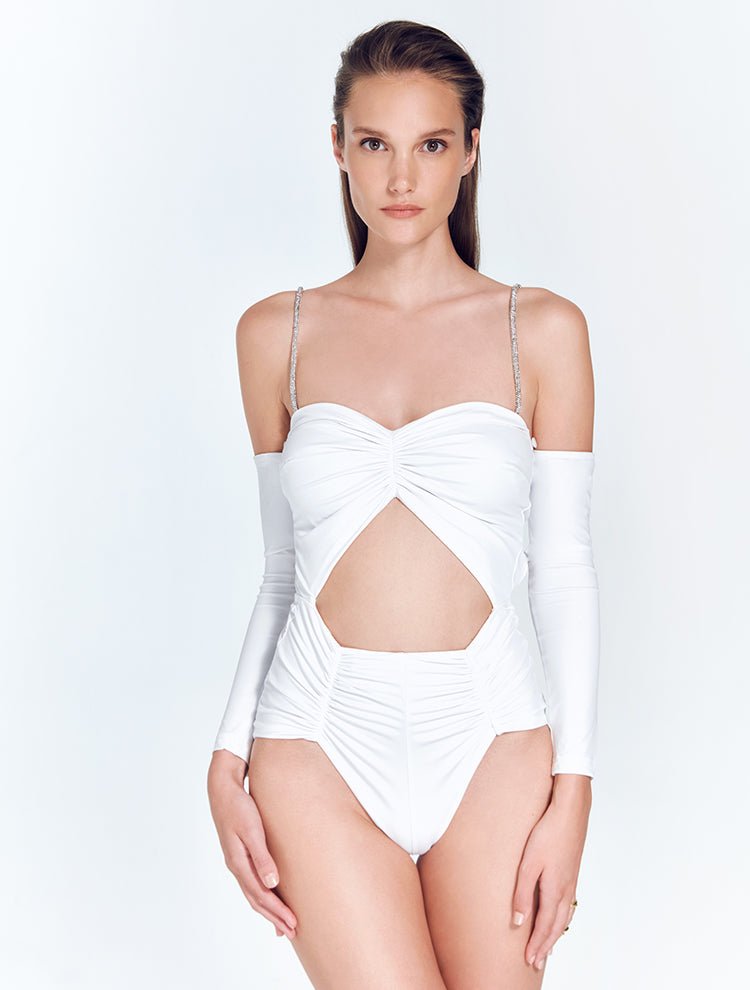 Back View: Model in Avena White Swimsuit - MOEVA Luxury Swimwear, Moderate Bottom Coverage, Lycra XtraLife® Certificate, Italian Fabric, MOEVA Luxury Swimwear