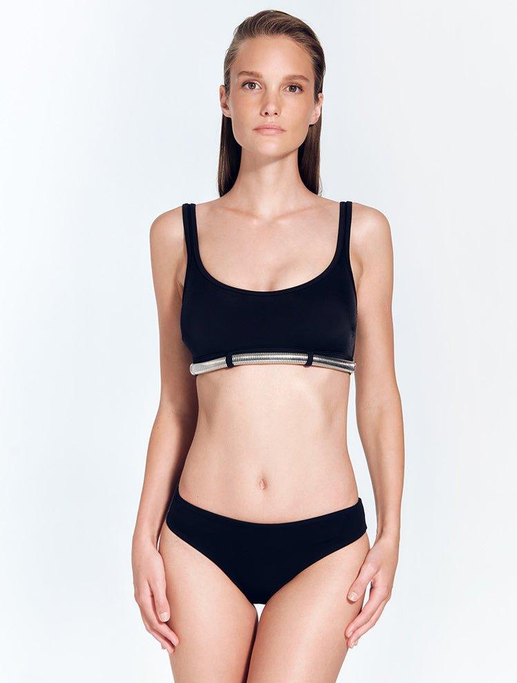 "Front view of the Aya Bikini Bottom, showcasing the low-rise hipster design and medium coverage with a fully lined stretch fabric."