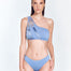 Front View: Model in Aya Blue Bikini Bottom - MOEVA Luxury Swimwear, Mid Rise Hipster Bottom, Hipster Bottom, Full Coverage, MOEVA Luxury Swimwear