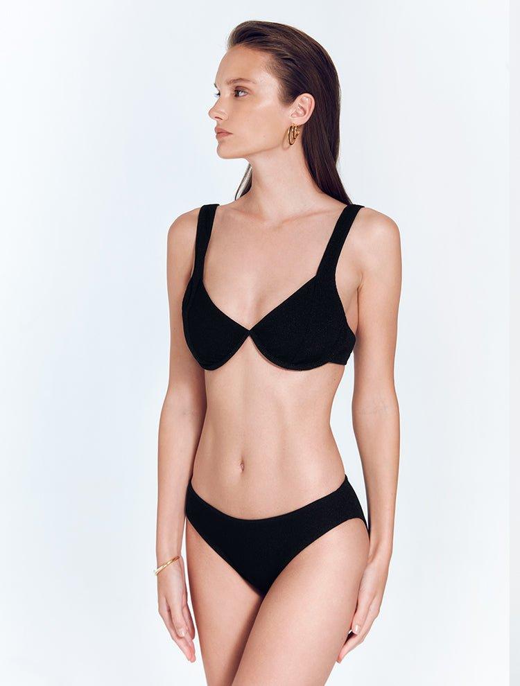 "Front view of the Aya Shiny Black Bikini Bottom, showing the low-rise hipster style and medium coverage."