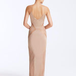 Back View: Azalea Bronze Dress on Model - Sleeveless, Close Fit, Adjustable Straps, Metal Moeva Logo Plaque At The Back, 100% Viscose, MOEVA Luxury Swimwear
