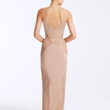 Back View: Azalea Bronze Dress on Model - Sleeveless, Close Fit, Adjustable Straps, Metal Moeva Logo Plaque At The Back, 100% Viscose, MOEVA Luxury Swimwear
