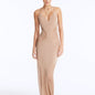 Front View: Model in Azalea Bronze Dress - Chic Maxi Dress, Knitted, Ankle Length, V Neckline, MOEVA Luxury Swimwear