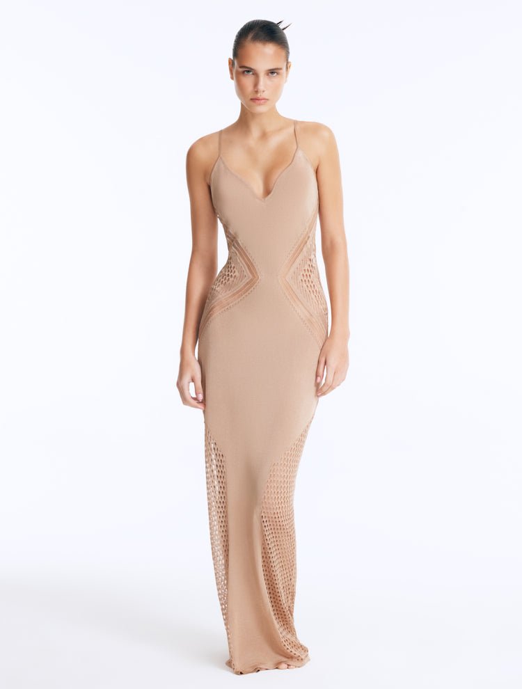 Front View: Model in Azalea Bronze Dress - Chic Maxi Dress, Knitted, Ankle Length, V Neckline, MOEVA Luxury Swimwear
