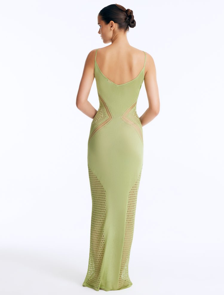 Back View: Azalea Green Dress on Model - Sleeveless, Close Fit, Adjustable Straps, %100 Viscose, Metal Moeva Logo Plaque At The Back, MOEVA Luxury Swimwear