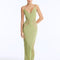 Front View: Model in Azalea Green Dress - Chic Maxi Dress, Knitted, Ankle Length, V Neckline, MOEVA Luxury Swimwear