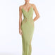Front View: Model in Azalea Green Dress - Chic Maxi Dress, Knitted, Ankle Length, V Neckline, MOEVA Luxury Swimwear