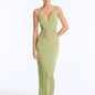 Front View: Model in Azalea Green Dress - Chic Maxi Dress, Knitted, Ankle Length, V Neckline, MOEVA Luxury Swimwear