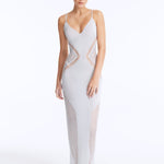 Front View: Model in Azalea Silver Dress - Ready to Wear	-	 Maxi Dress, Unlined, Day to Night, MOEVA Luxury Swimwear	