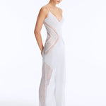 Side View: Model in Azalea Silver Dress - Chic Maxi Dress, Knitted, Ankle Length, V Neckline, %100 Viscose, MOEVA Luxury Swimwear