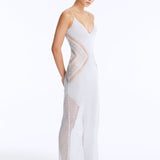 Side View: Model in Azalea Silver Dress - Chic Maxi Dress, Knitted, Ankle Length, V Neckline, %100 Viscose, MOEVA Luxury Swimwear