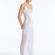 Side View: Model in Azalea Silver Dress - Chic Maxi Dress, Knitted, Ankle Length, V Neckline, %100 Viscose, MOEVA Luxury Swimwear