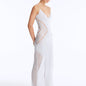 Side View: Model in Azalea Silver Dress - Chic Maxi Dress, Knitted, Ankle Length, V Neckline, %100 Viscose, MOEVA Luxury Swimwear