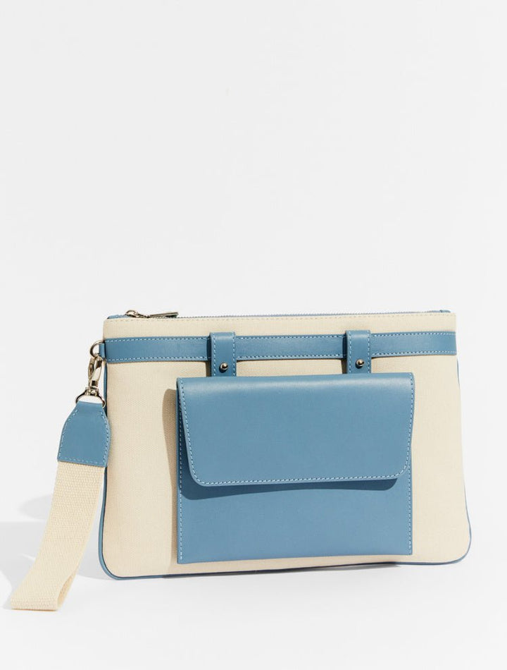 Azzurra Ecru/Blue Canvas Clutch With Front Leather Pocket -Women Bags Moeva