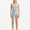 "Front view of Baia baby blue high-waist bikini bottom featuring shell-shaped gold buttons and luxurious Italian fabric."