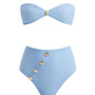 "Composite image of the Baia Baby Blue Bikini Set, showing front and back views, shell-shaped gold button details, and the luxurious Italian fabric."