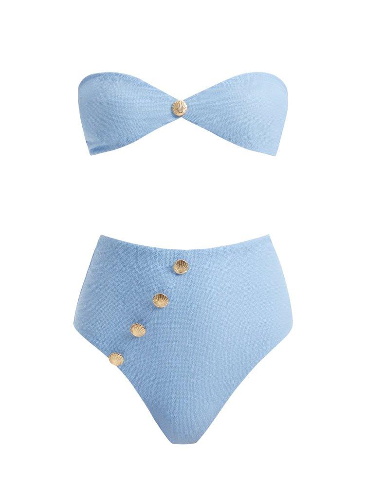 "Composite image of the Baia Baby Blue Bikini Set, showing front and back views, shell-shaped gold button details, and the luxurious Italian fabric."