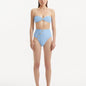 Baia Baby Blue Bikini Top front view, highlighting strapless bandeau design and gold shell accents.