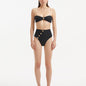 Baia Black Bikini Top front view, highlighting bandeau design and gold button detailing.