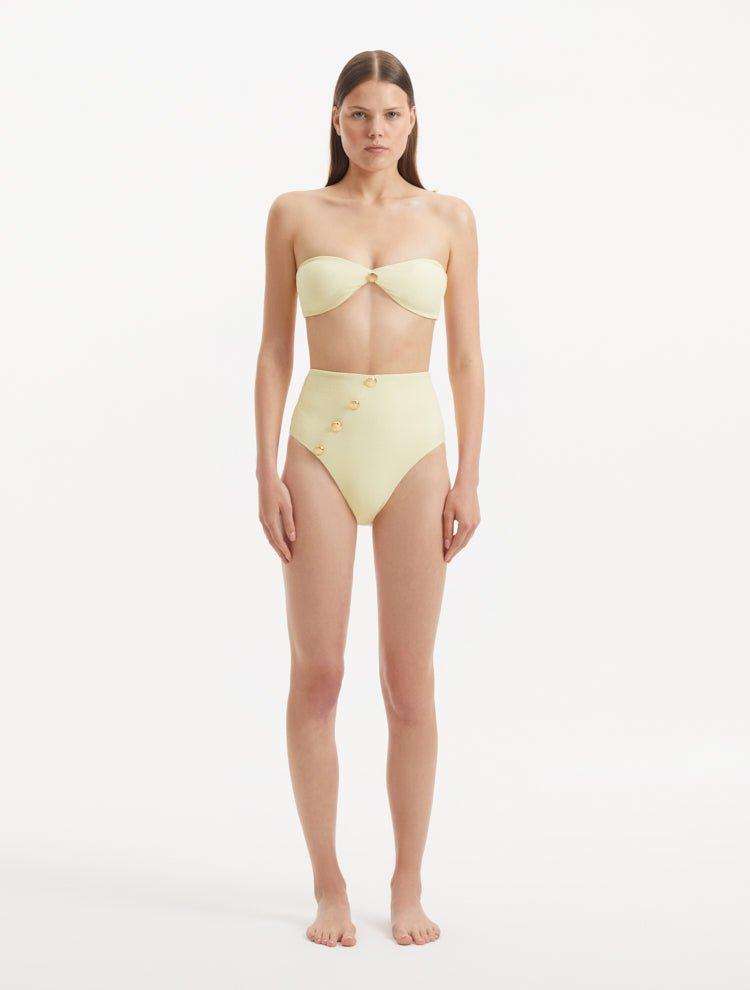 Front view of Baia Yellow Bikini Bottom, showcasing high-waist design and vibrant color.