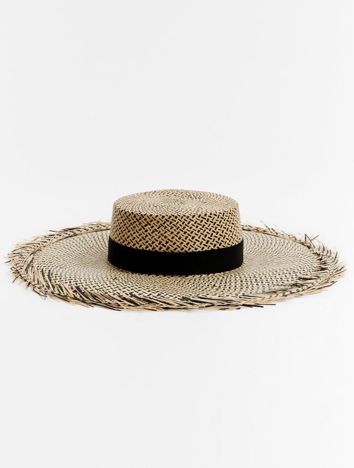 Baker Tan/Black Wide Brim Straw Hat With Black Grosgrain-Trim -Women Hats Moeva