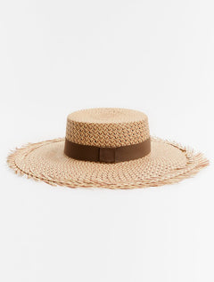 Baker Tan/Black Wide Brim Straw Hat With Nude Grosgrain-Trim -Women Hats Moeva