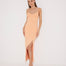 "Front view of the Beau orange sleeveless knitted dress showcasing the scoop neck, decorative ribbed details, and adjustable straps with metal trims for an elegant and graceful look."