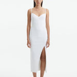 Front View: Model in Beau White Dress - MOEVA Luxury Swimwear, Sleeveless Knitted Maxi Dress, Ankle Length, Close Fit, Decorative Ribbed Details, Ready to Wear Maxi Dress, Scoop Neck, MOEVA Luxury Swimwear