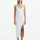 Front View: Model in Beau White Dress - MOEVA Luxury Swimwear, Sleeveless Knitted Maxi Dress, Ankle Length, Close Fit, Decorative Ribbed Details, Ready to Wear Maxi Dress, Scoop Neck, MOEVA Luxury Swimwear