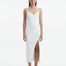 Front View: Model in Beau White Dress - MOEVA Luxury Swimwear, Sleeveless Knitted Maxi Dress, Ankle Length, Close Fit, Decorative Ribbed Details, Ready to Wear Maxi Dress, Scoop Neck, MOEVA Luxury Swimwear