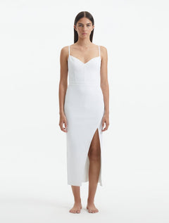 Front View: Model in Beau White Dress - MOEVA Luxury Swimwear, Sleeveless Knitted Maxi Dress, Ankle Length, Close Fit, Decorative Ribbed Details, Ready to Wear Maxi Dress, Scoop Neck, MOEVA Luxury Swimwear