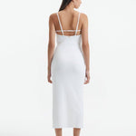 Back View: Model in Beau White Dress - MOEVA Luxury Swimwear, Low Back, Adjustable Straps with Metal Trims, Side Slit, Ready to Wear Maxi Dress, MOEVA Luxury Swimwear