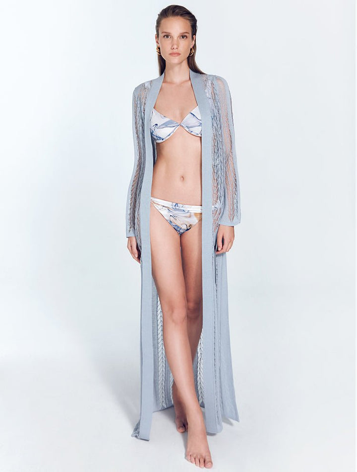 Front View: Model in Berta Baby Blue Kaftan - MOEVA Luxury Swimwear, Mesh Knit, Long-Sleeved, Ankle Length, MOEVA Luxury Swimwear