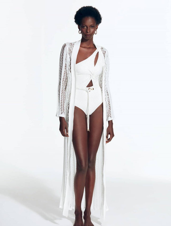 Front View: Model in Berta White Kaftan - MOEVA Luxury Swimwear, Mesh Knit, Long-Sleeved, Ankle Length, MOEVA Luxury Swimwear