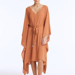 Front View: Model wearing Bethany Bronze Kaftan - Long Soft Touch Kaftan, Knee Length, V Neckline, Embellished with Clear Glass Beads, MOEVA Luxury Beachwear