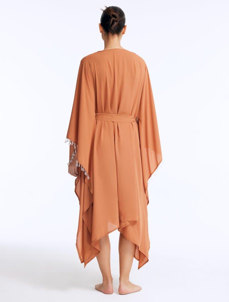 Back View: Bethany Bronze Kaftan on Model - Poncho Style Sleeve, Self-Tie Belt, Full Body Coverage, Made from 100% Silk Fabric, MOEVA Luxury Beachwear