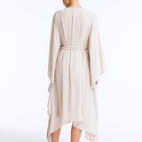 Back View: Bethany Silver Kaftan on Model - Poncho Style Sleeve, Self-Tie Belt, Full Body Coverage, Made from 100% Silk Fabric, MOEVA Luxury Beachwear