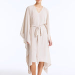 Front View: Model wearing Bethany Silver Kaftan - Long Soft Touch Kaftan, Knee Length, V Neckline, Embellished with Clear Glass Beads, MOEVA Luxury Beachwear