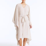 Front View: Model wearing Bethany Silver Kaftan - Long Soft Touch Kaftan, Knee Length, V Neckline, Embellished with Clear Glass Beads, MOEVA Luxury Beachwear