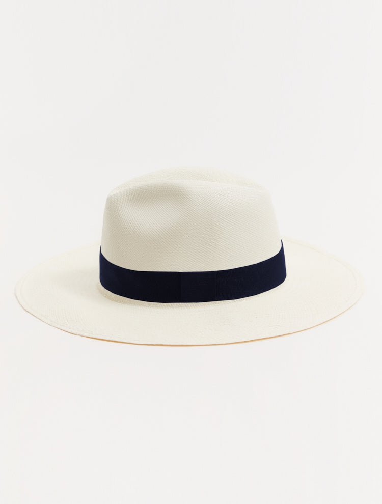 Billy White High Crown Straw Hat With Dark Blue Grosgrain Trim -Women Hats Moeva