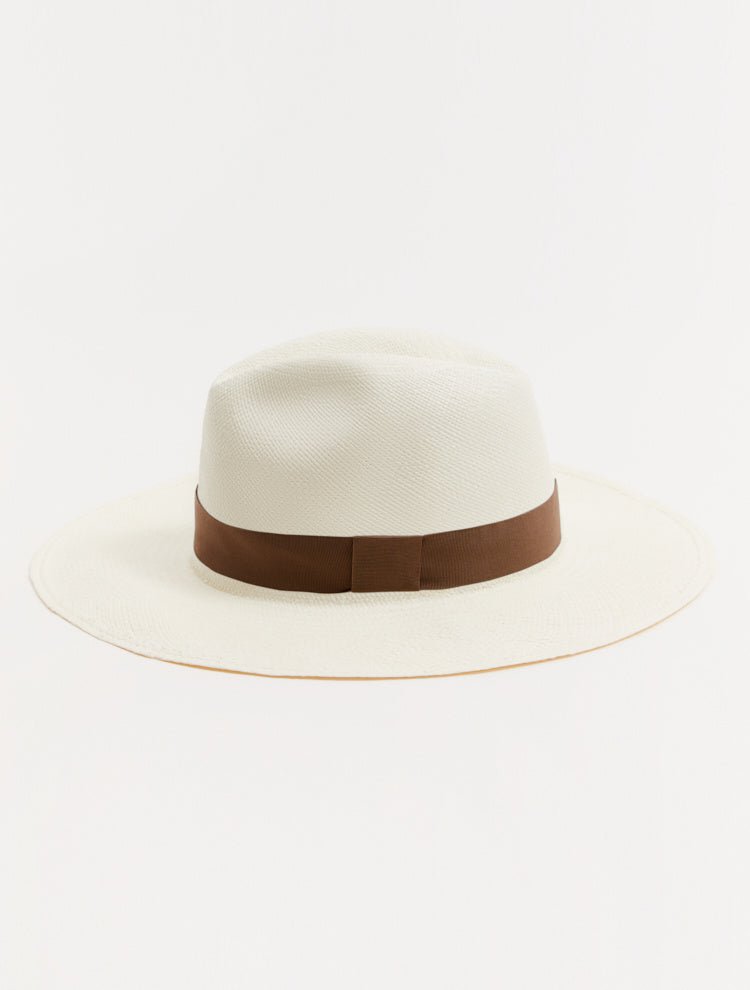 Billy White High Crown Straw Hat With Nude Grosgrain Trim -Women Hats Moeva