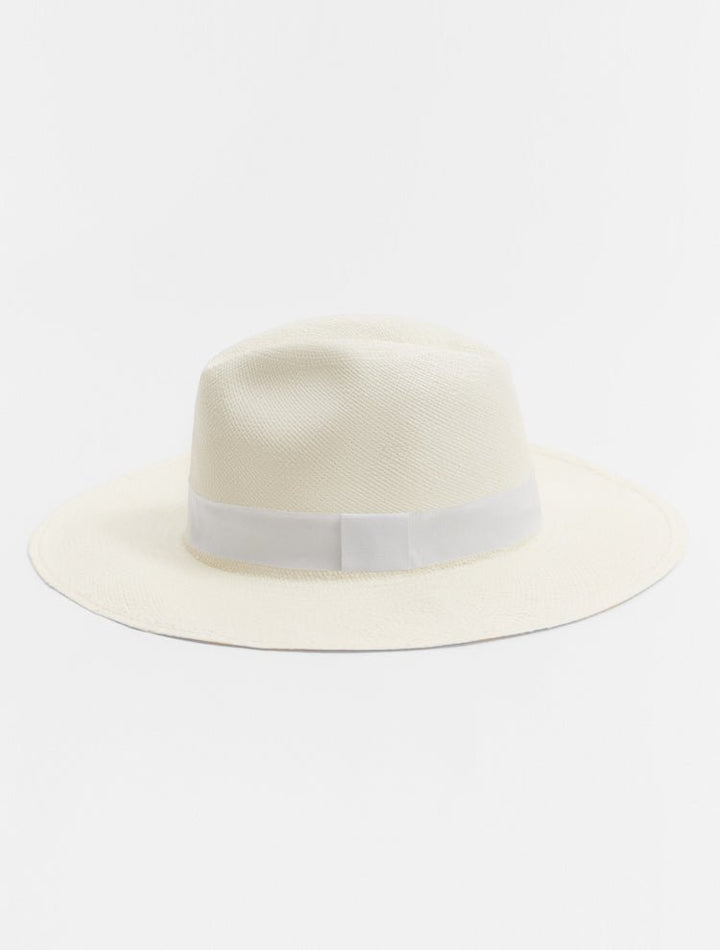 Front View of Billy White Hat With White Trim - MOEVA Luxury  Swimwear, Handwoven in Ecuador, Lightweight Straw, Single Crease, High Crown, Short Brim, Grosgrain Trim, Moeva Logo Plaque, 100% Toquilla Straw, MOEVA Luxury  Swimwear     
