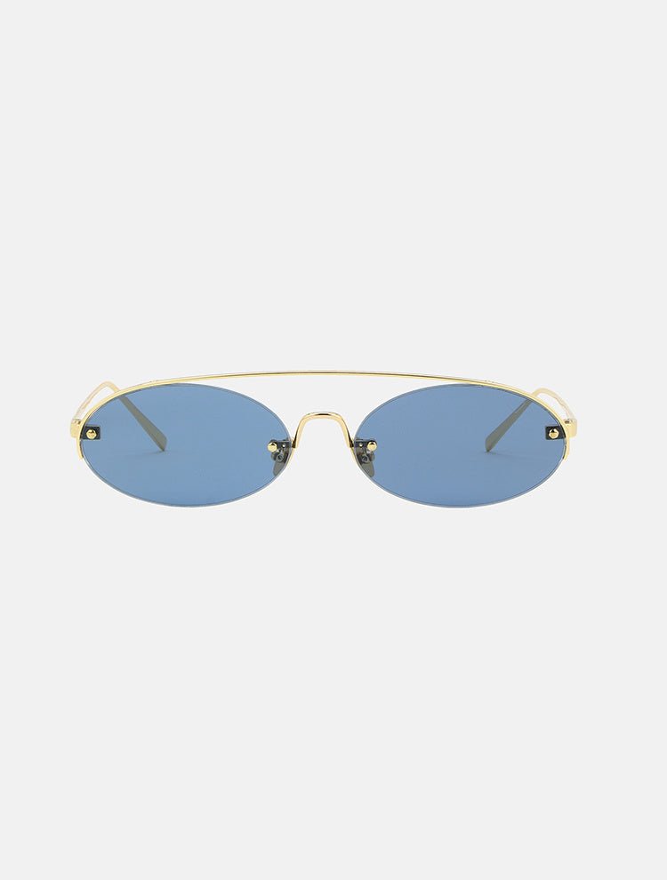 Front View of Boccioni Blue Sunglasses - MOEVA Luxury  Swimwear, Gold Oval Shaped Sunglasses, Acetate Frame, Molded Nose Pads, Tinted Lenses, MOEVA Luxury  Swimwear     