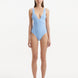 Front view of Breena Baby Blue Swimsuit, showcasing wavy texture and elegant V-neck design.