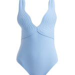 Artistic decoupage of Breena Baby Blue Swimsuit, blending serene blue tones with intricate gold accents.