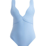 Artistic decoupage of Breena Baby Blue Swimsuit, blending serene blue tones with intricate gold accents.